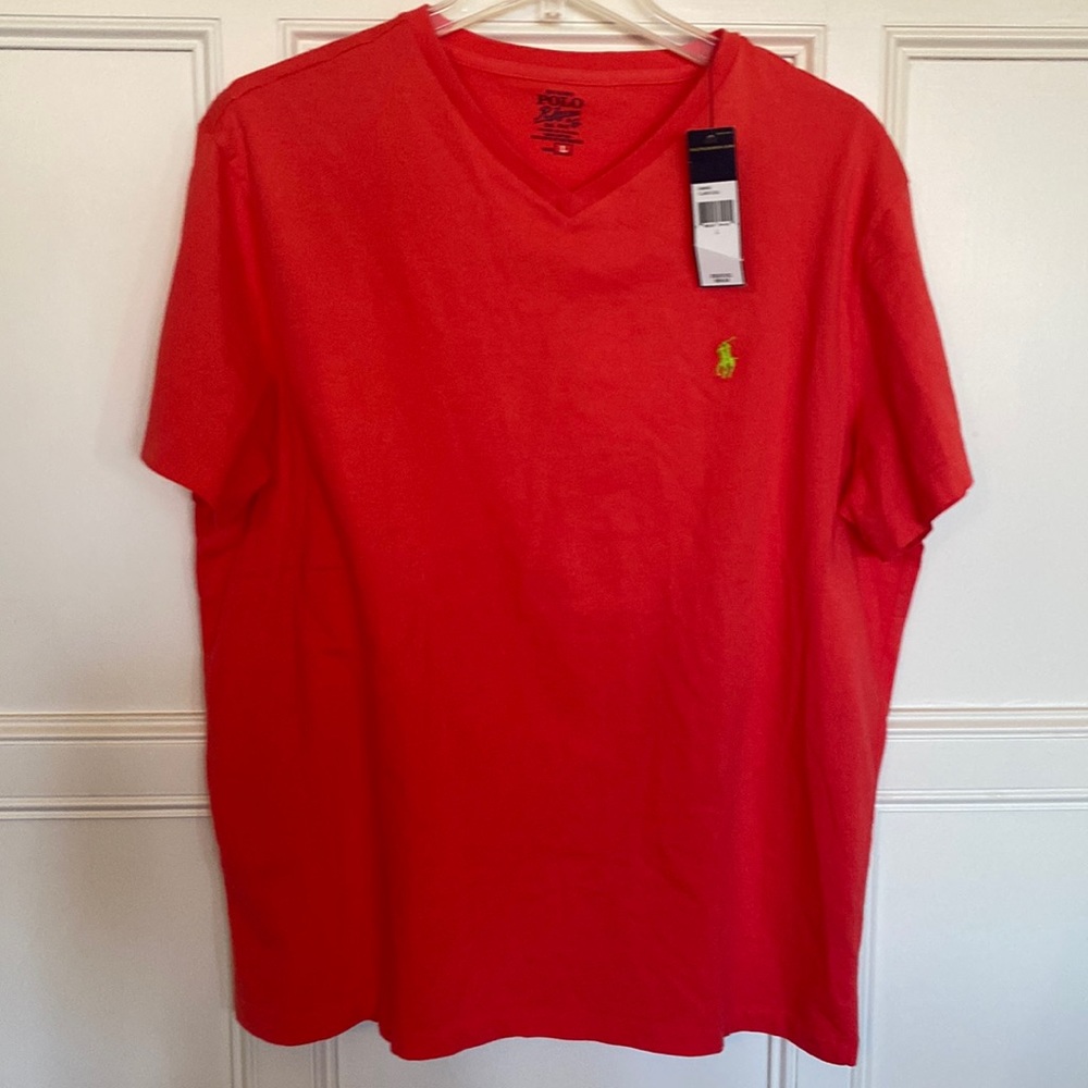 NWT men’s polo v neck shirt size L. Red with yellow polo emblem.